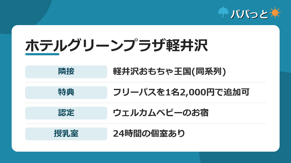 ホテルグリーンプラザ軽井沢の特典とウェルカムベビー設備をまとめた早見カード