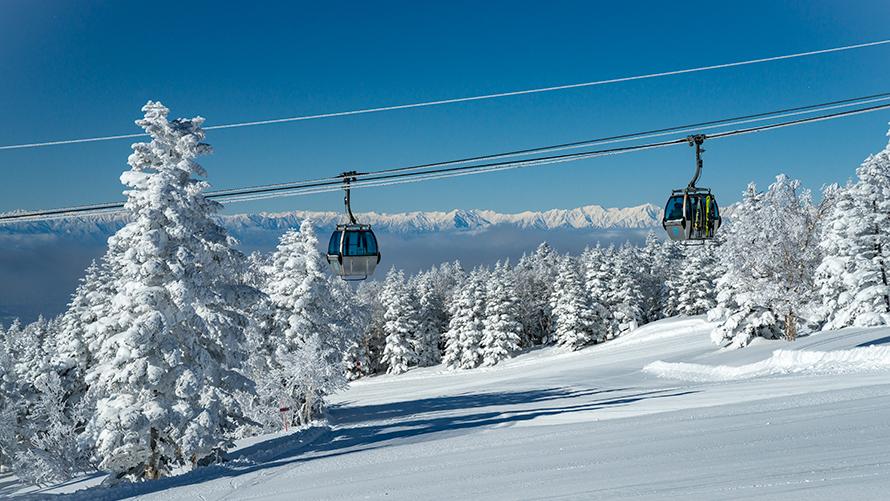 樹氷の林の上を行く焼額山のゴンドラ