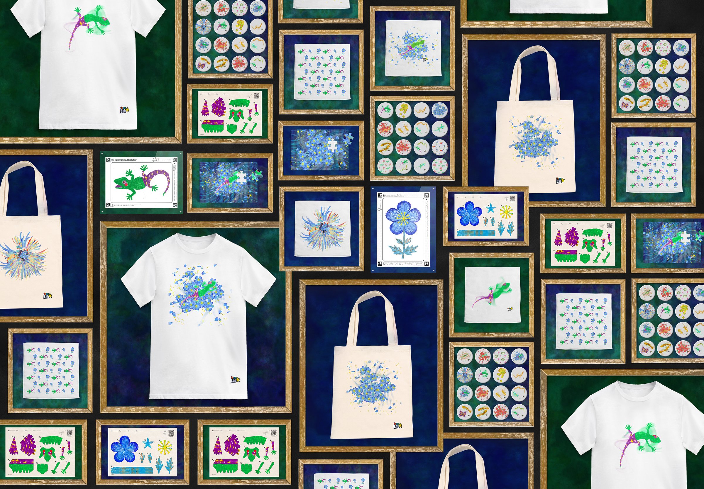 描いた生き物がプリントされたTシャツやトートバッグ