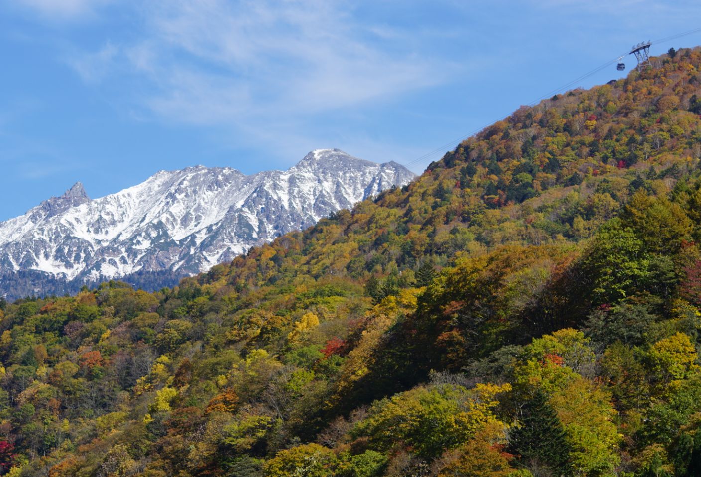 紅葉の山肌と冠雪した山並み